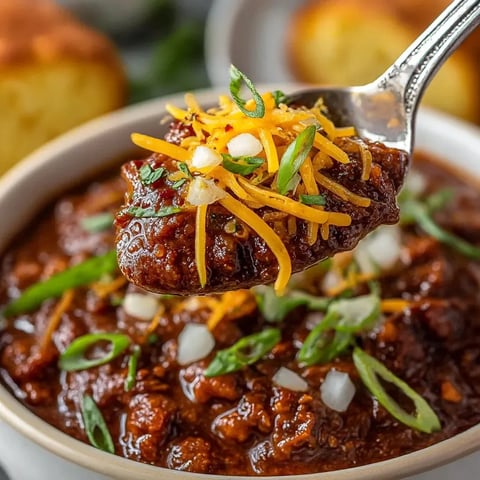 A spoonful of chili con carne with cheese and onions.