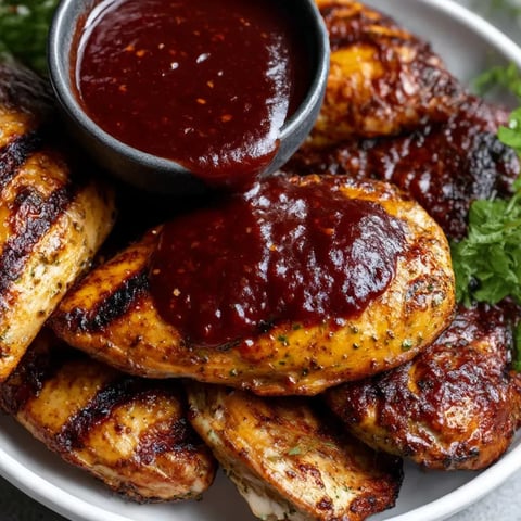 A bowl of chicken with BBQ sauce on top.