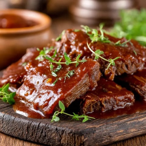 A plate of meat covered in barbecue sauce.