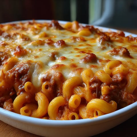 A delicious casserole with pasta and meat.