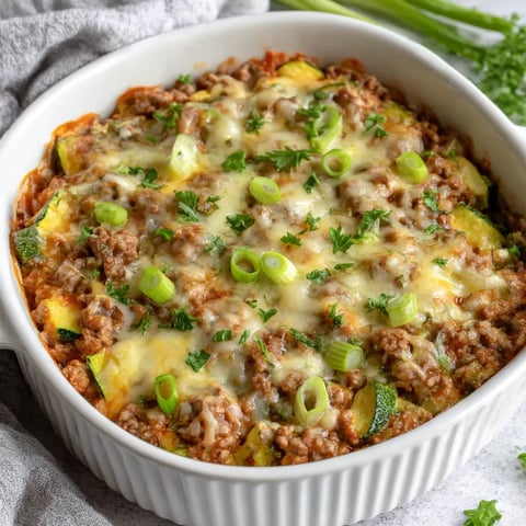 A white bowl filled with a delicious zucchini pizza casserole.
