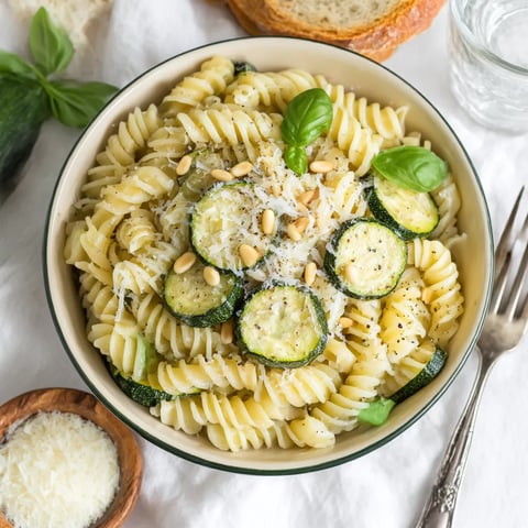 A bowl of pasta with zucchini.