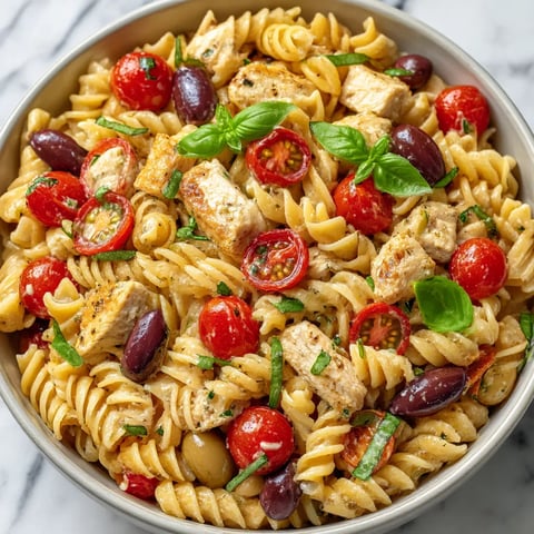 A bowl of Mediterranean chicken pasta salad.