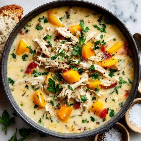 A bowl of soup with chicken and vegetables.