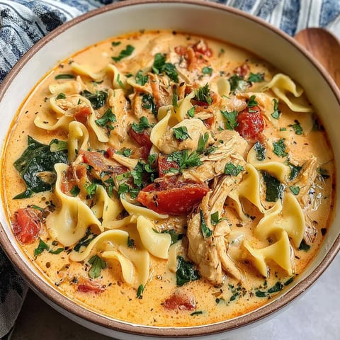 A bowl of soup with noodles and chicken.