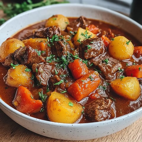 A bowl of stew with meat and vegetables.